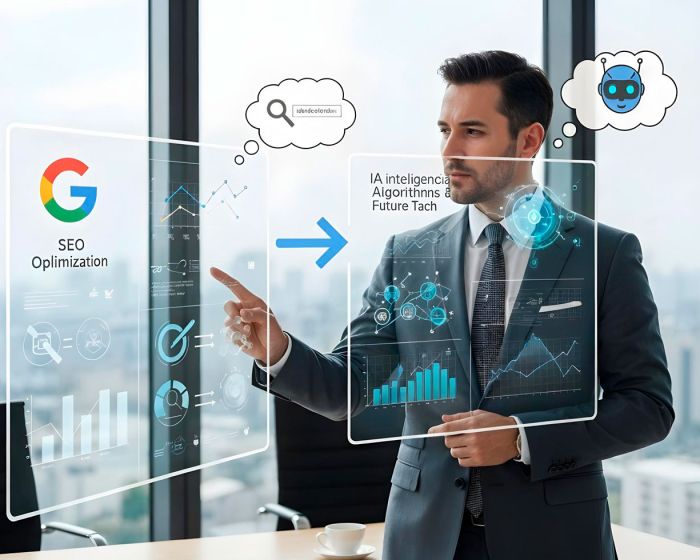 Emprendedora mirando un asistente de inteligencia artificial que muestra solo tres negocios recomendados en la pantalla