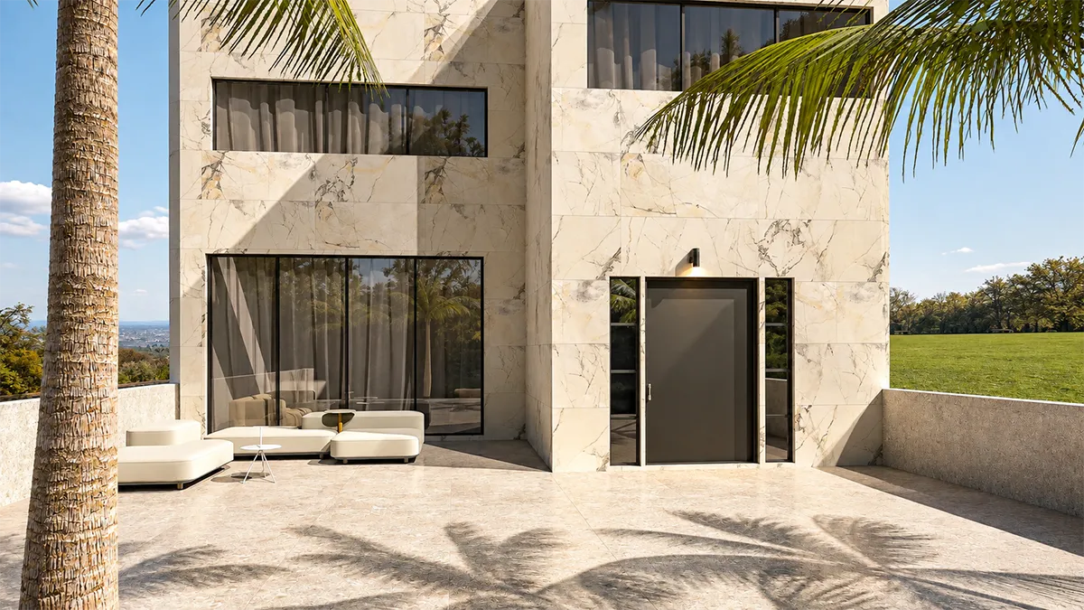 Versión mediante IA de una vivienda revestida en piedra, con iluminación exterior y entorno más fotográficos