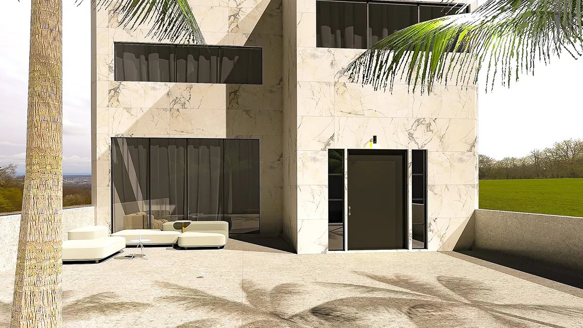 Render base exterior de vivienda revestida en piedra realizado en pCon.planner