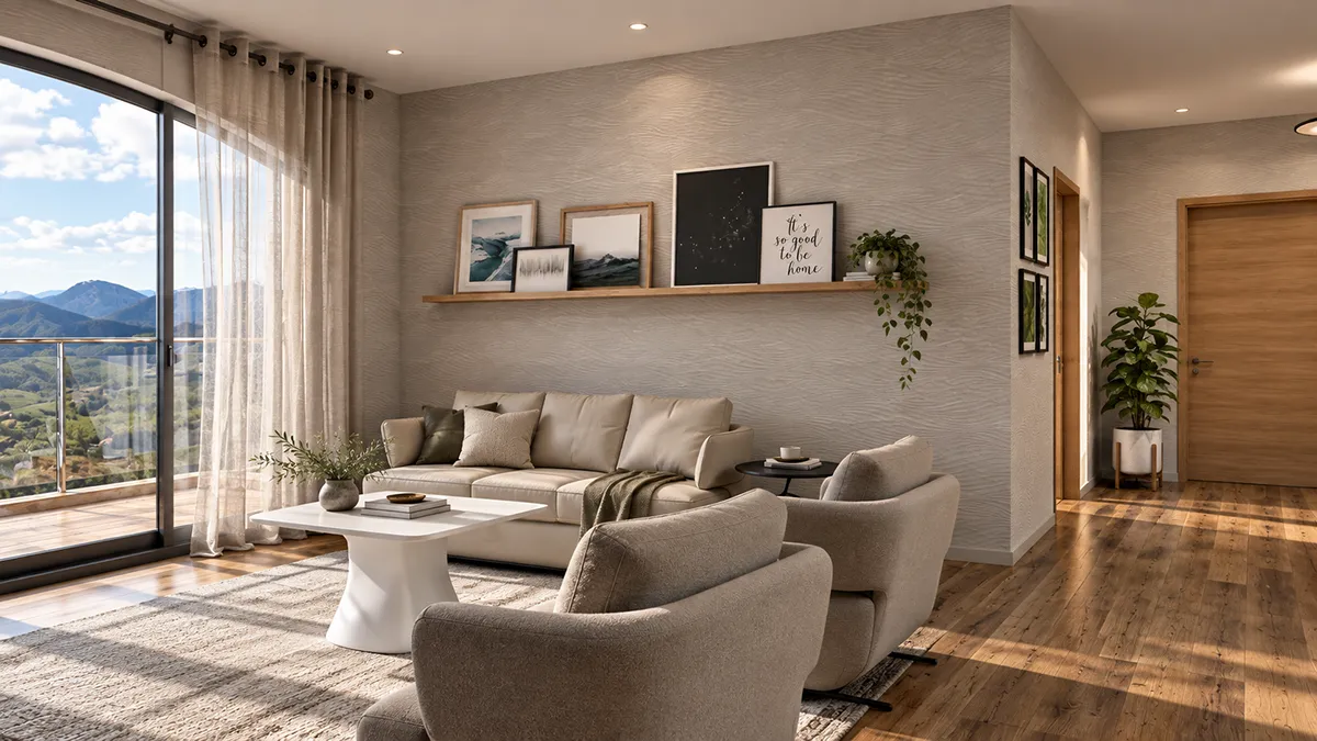 Versión del salón comedor mejorada mediante IA con luz más natural, materiales más realistas y mayor profundidad