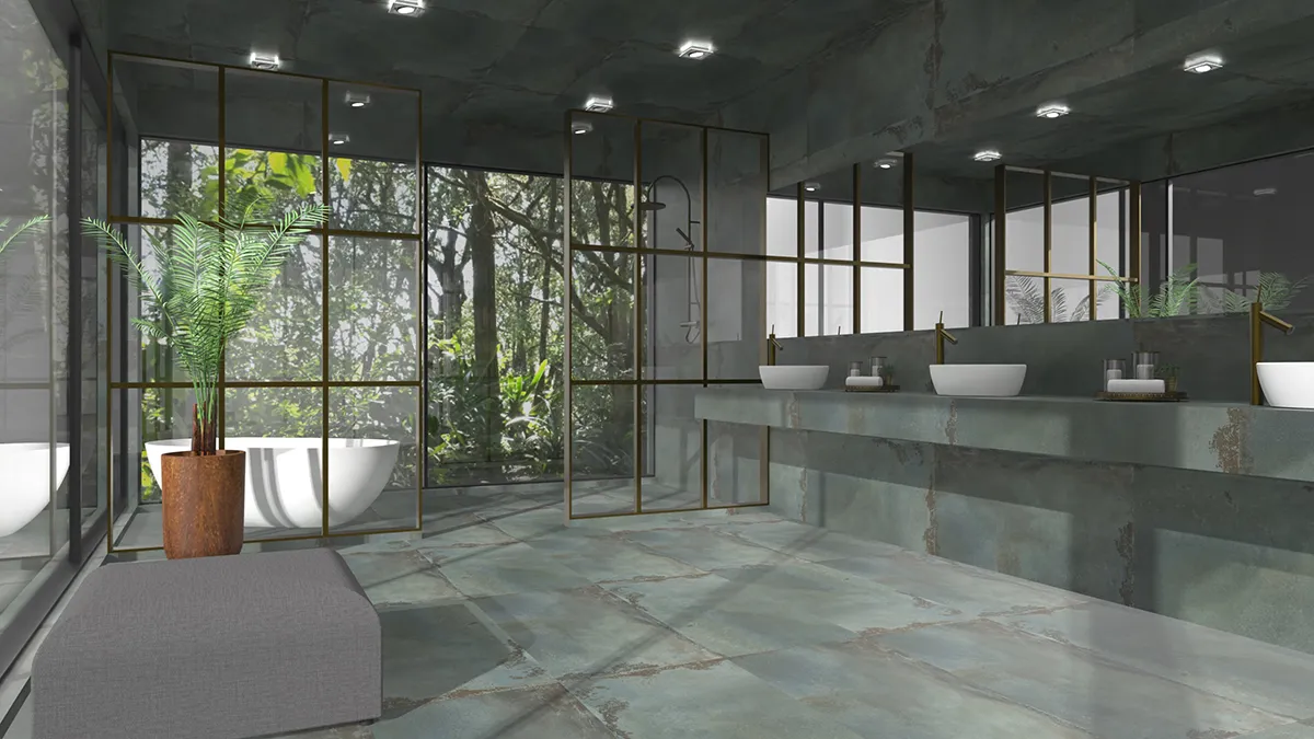 Render base de baño contemporáneo realizado en pCon.planner con revestimiento verde oxidado y mampara negra