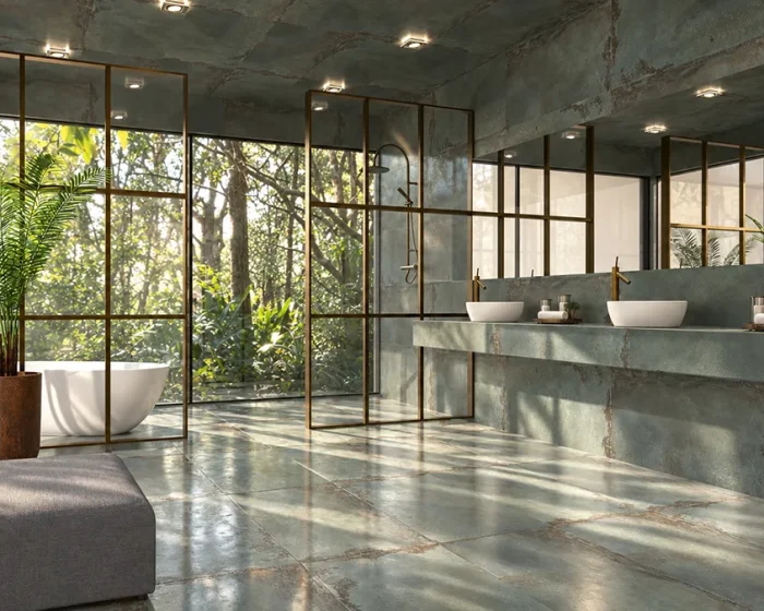 Render de baño contemporáneo mejorado con inteligencia artificial a partir de una visualización realizada en pCon.planner