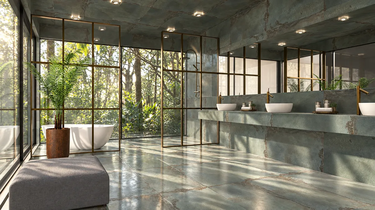 Versión del render de baño mejorada con inteligencia artificial, con iluminación cálida y mayor realismo fotográfico